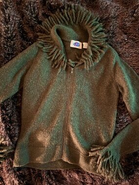 Vintage Fringed Afghan Style Zip Sweater - Matcha Green by Spin Clothing